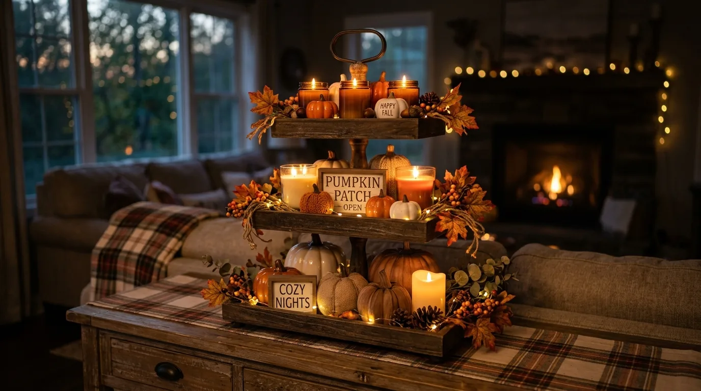 Candlelit Thanksgiving tiered tray at night